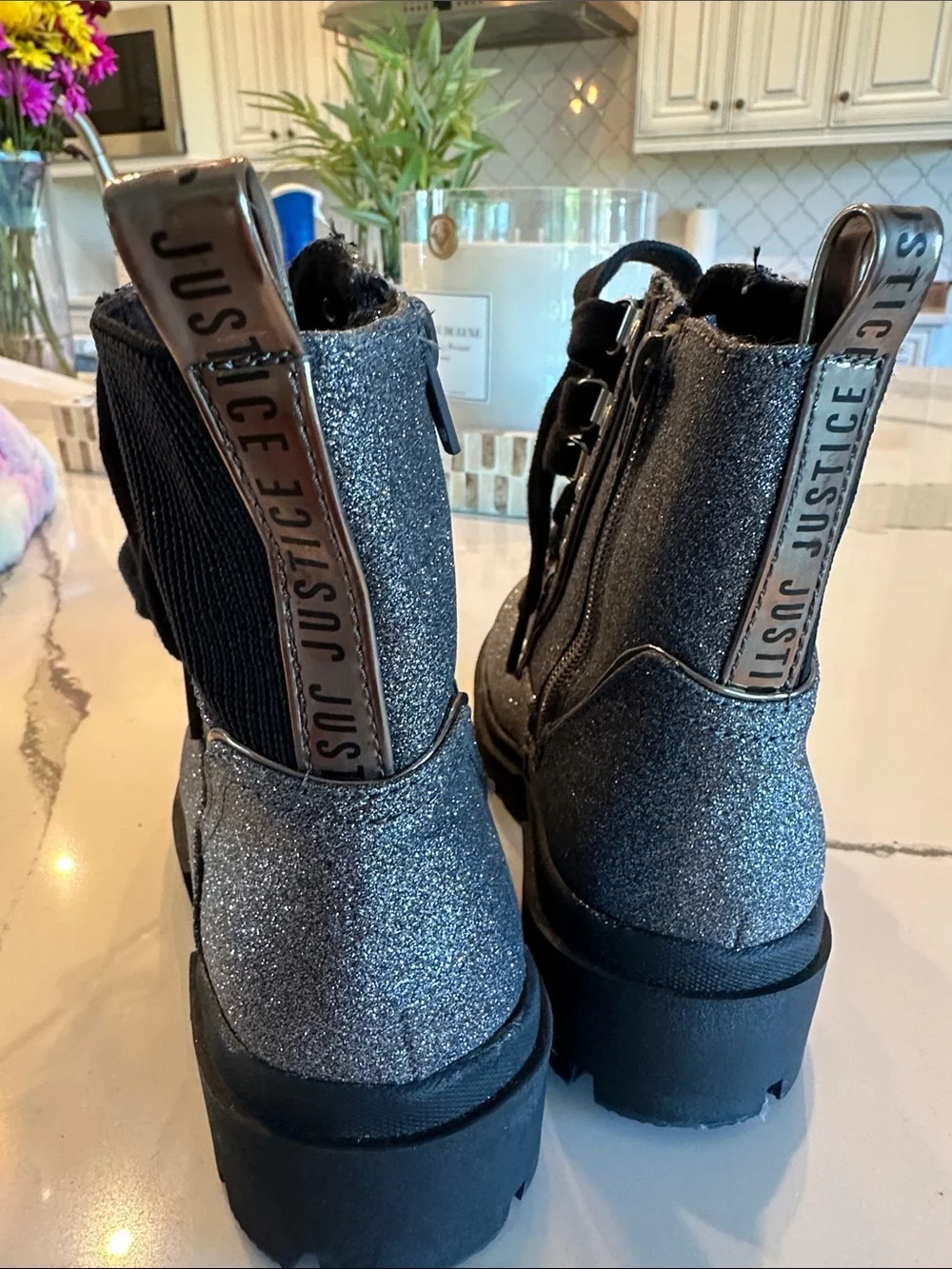 Justice Glitter Lace-Up Combat Boots - Silver